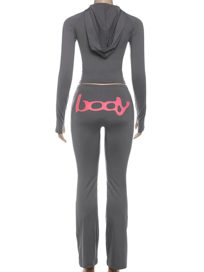 Weird Puss Letter Print Tracksuit 2-Piece Set Women Hooded Jacket+Leggings Matching Stretch Street Casual Sporty Slim Outfits