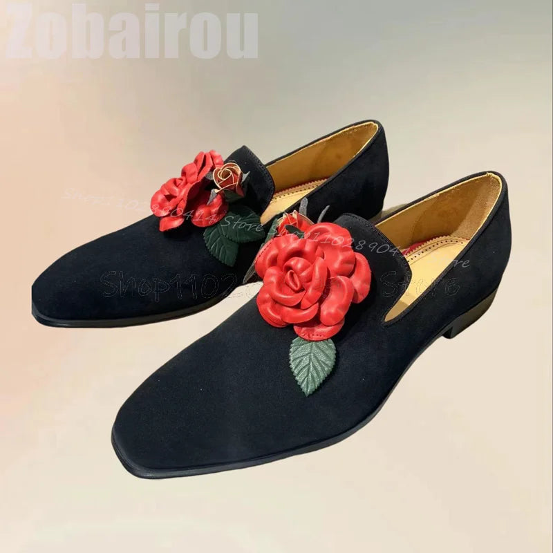 Red Appliques Decor Black Square Toe Flock Loafers Fashion Slip On Men Shoes Luxurious Handmade Party Banquet Men Casual Shoes