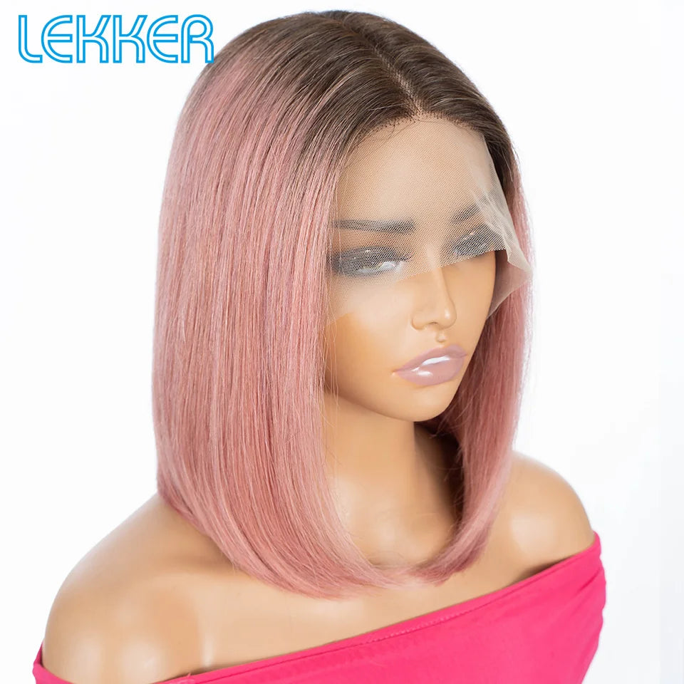 100% Human Hair Wigs Highlight Brown Long Pixie Straight Bob Middle Part lace Front For Women Brazilian Remy hair Glueless Wigs