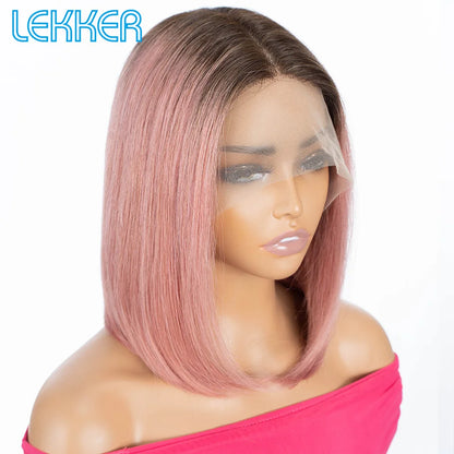 100% Human Hair Wigs Highlight Brown Long Pixie Straight Bob Middle Part lace Front For Women Brazilian Remy hair Glueless Wigs