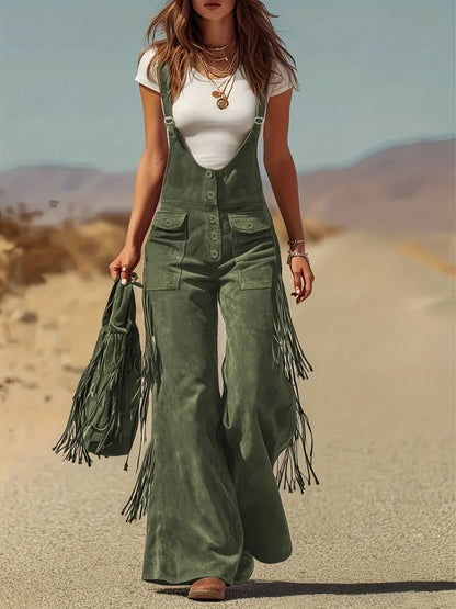 Women's Four-Season Retro Western-Style Tassel Design Overalls, Suitable for Daily Commuting, Going Out, Dating, Holiday Parties, and Various Occasions