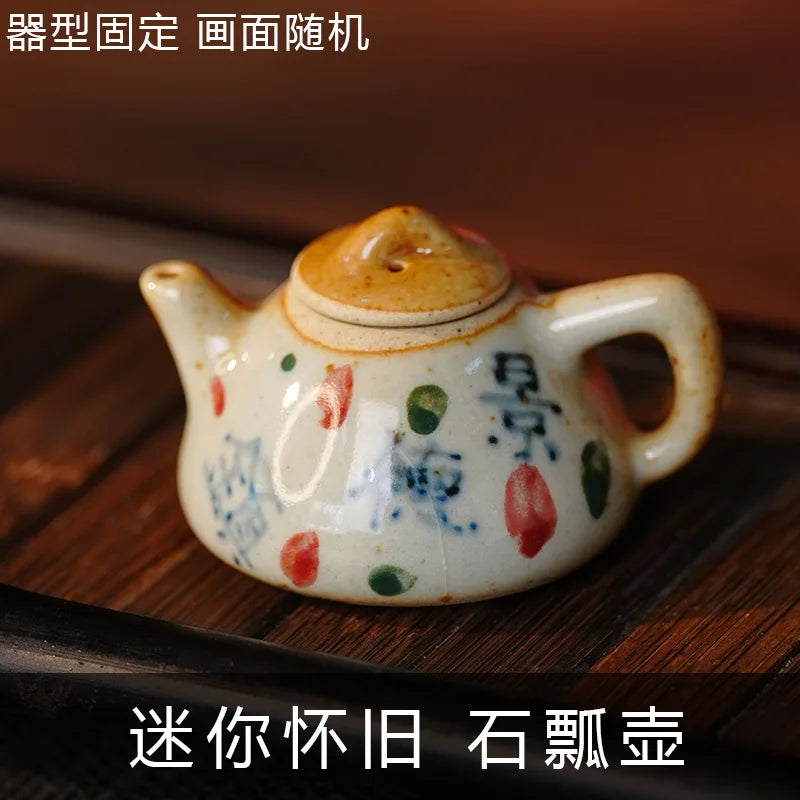 Mini Hand-Painted Ceramic Teapot Jingdezhen Hand- Pulled Tea Pet Micro Landscape Decorative Item Kitchen Dining Bar Essential