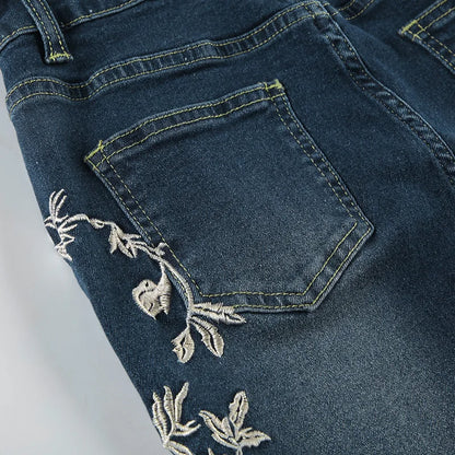 Flare Pants Jeans Women Embroidery Boot Cut Low Waist Washed Distressed Pockets Floor Length Streetwear 2025 Denim Trousers