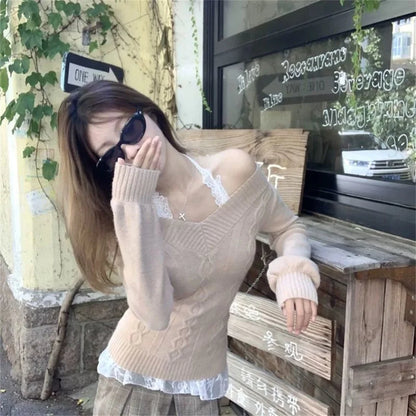 Fashion Vintage V-neck Knitted Tops Women 2025 Early Autumn New Sweaters Pullover Slim Long Sleeve Pullovers Sexy Gray Sweaters