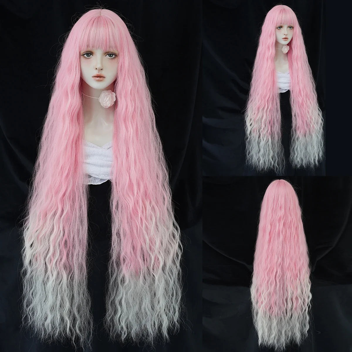 PARK YUN Extra Long Blonde Cosplay Wigs With Bangs Loose Long Curly Blonde Lolita Wig Synthetic Heat Resistant  Wig 44 Inch