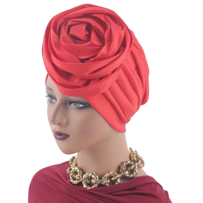 Raw Silk Big Rose Flower African Turban Caps for Women Headwear Head Wraps Nigerian Wedding Geles Party Headgear Bonnet