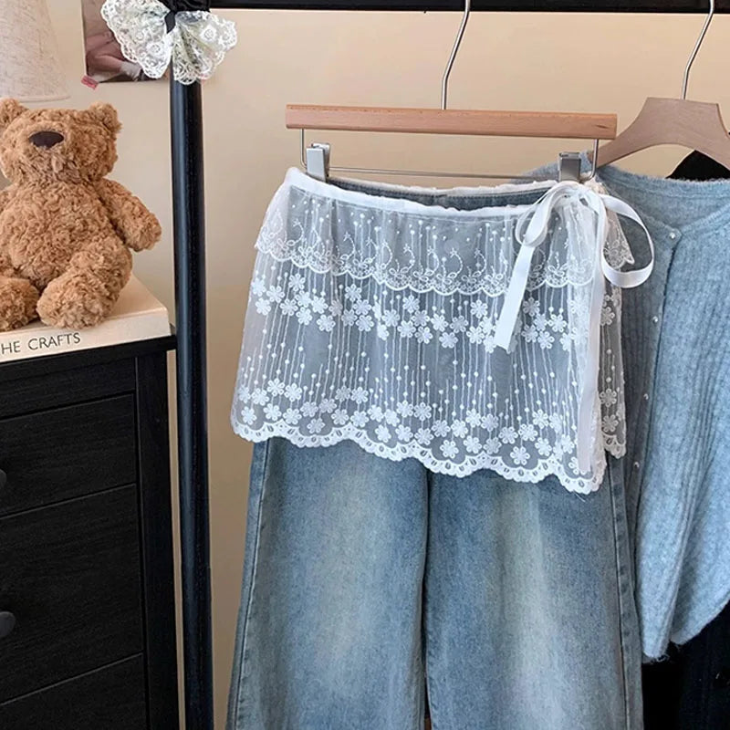 French Lace Up Short Fart Curtain Skirt Spring Layered Skirt INS Women Wrap Skirt Bandage Dress Apron Curtain Expansion Skirt