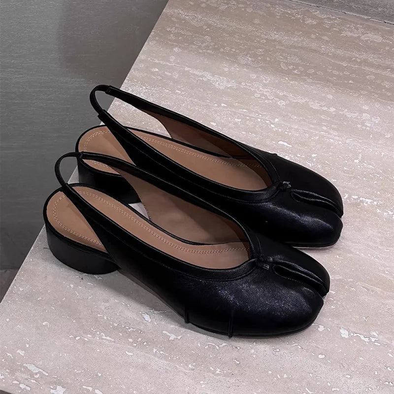 2025 Spring Summer Fashion Soft Leather Split Toe Women Pumps Casual Comfortable 3.5cm Low Heeled Slingbacks Tabi Ballet Shoes