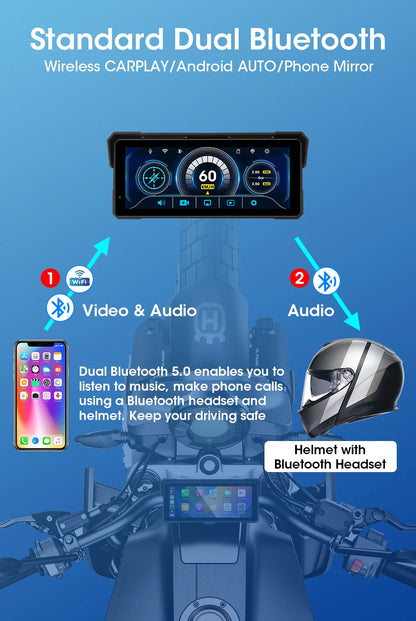 JMCQ Portable 8.1 inch Motorcycle 4K DVR GPS Navigation Wireless Carplay Android Auto Moto Recorder Monitor IPX7 Waterproof