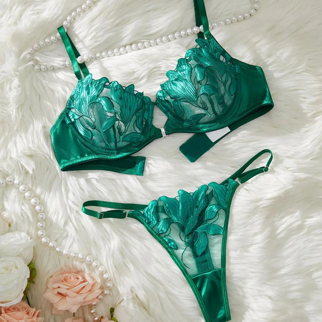 Women's Floral Embroidery Lingerie Set, Push Up Bra & Panty 2 Piece