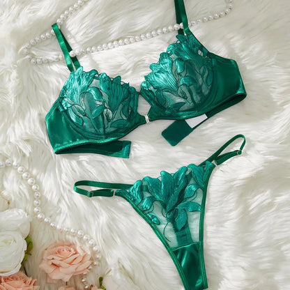 Women's Floral Embroidery Lingerie Set, Push Up Bra & Panty 2 Piece