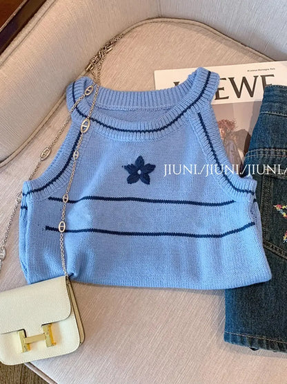 Women's Clothing Fashionable Slim O-neck Knitted Tanks Summer Sexy Chic Geometric Embroidery Sleeveless Tops