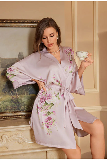 Navy Blue Print Flower Robe Nightgown Silk Satin Female Sleepwear Nightdress Spring Summer Loose Kimono Bathrobe Gown Home Wear