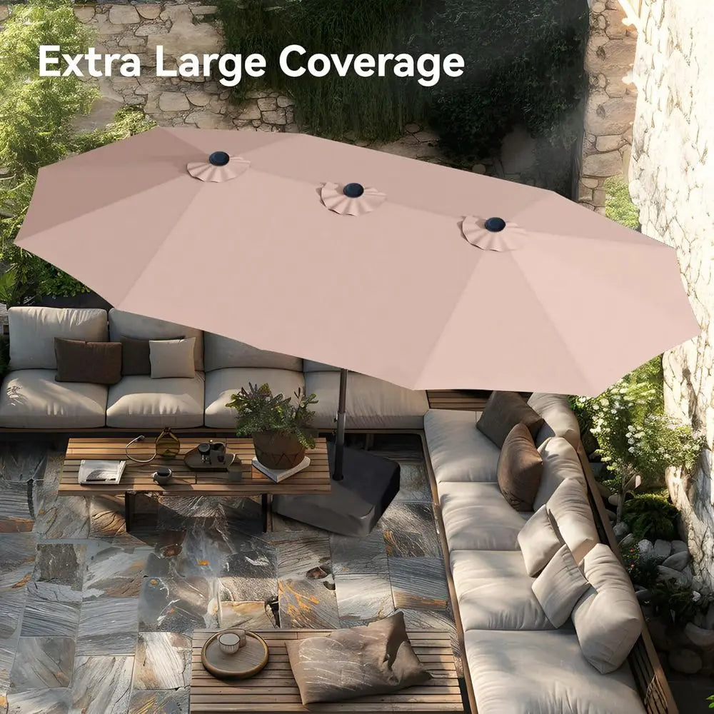 Large 15ft Rectangle Patio Umbrella with Stand, Outdoor Double-Sided Market Umbrella for Poolside and Backyard, Beige