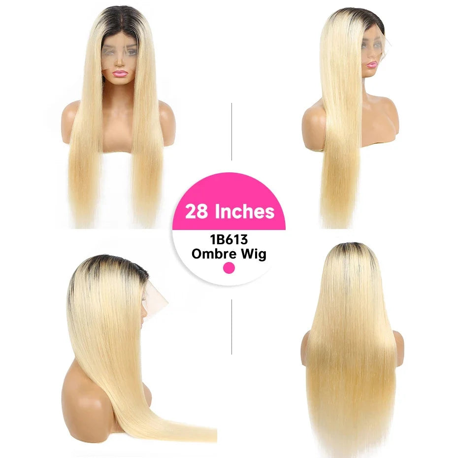 1B 613 Blonde Ombre Human Hair Wigs 13x6 Lace Front Wig Pre Plucked HD Transparent Lace Blond Black Roots Straight 180% Density