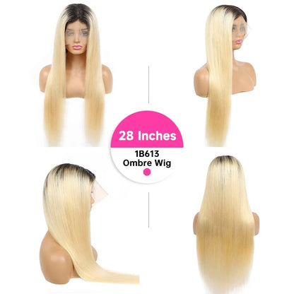 1B 613 Blonde Ombre Human Hair Wigs 13x6 Lace Front Wig Pre Plucked HD Transparent Lace Blond Black Roots Straight 180% Density