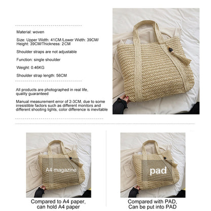 Women Hand Woven Tote Bag Solid Color Large Capacity Square Handbag Straw Shoulder Bag with Tassel Pendant