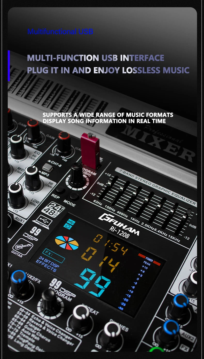 FUHAM RI808/1208 Professional 8/12 Channel 99DSP Mixer 48V Phantom Power USB Recording Studio Karaoke Bluetooth DJ Console Mixer