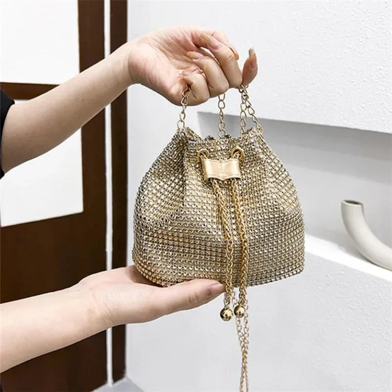 Sparkling Rhinestone Embellished Drawstring Crossbody Bag for Women Multi-Functional Bucket Purse with Detachable Chain Strap
