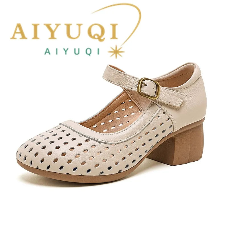 AIYUQI Women Hollow Mary Jane Shoes Genuine Leather Women Sandals Summer Comfortable Middle Aged Mother Shoes