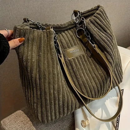 Large Capacity Corduroy Tote Bag Chain Handbag Shoulder Bag for Women, Polyester Lining, Zip Closure, Black, Beige, Khaki, Green