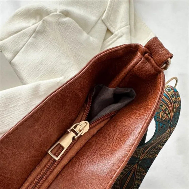 Bohemian Style Women Shoulder Bag, Vintage Wide Strap Crossbody with Intricate Embroidery, Versatile for Casual Commuting Wear