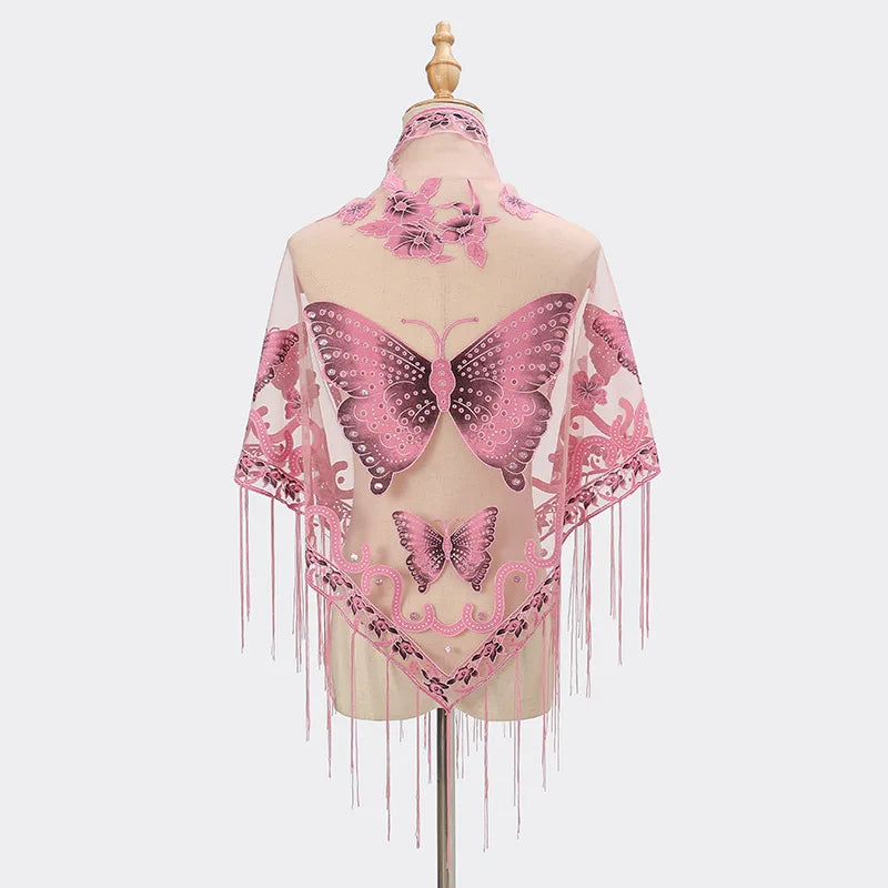 New Women Lace Tassel Triangular Scarf Solid Hollow-out Butterfly Embroidery Scarves Soft Lady Shawl Foulard Party Wrap Shawls