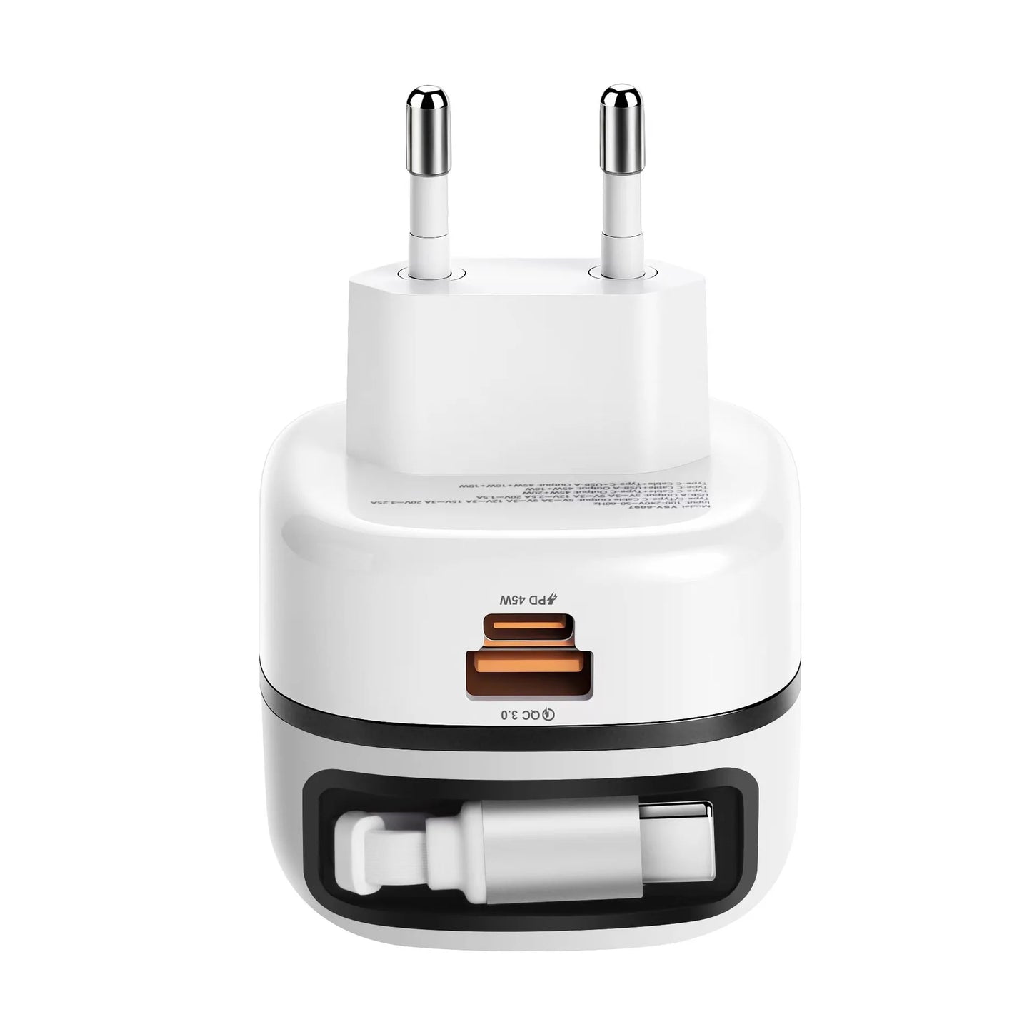 HAPPORIA 65W USB C Fast Charger Retractable Cable 3 Port Travel Adapter Foldable Plug PD Charger for iPhone 15 16 17 Samsung