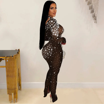 Party Dress Women Floor Length Dresses Vestidos Hot Drilling Evening Bodycon Square Collar Prom High Waist Evening Night 2025