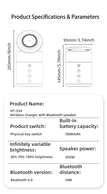 5-in-1 Magnetic Wireless Charging Station with Wireless Speaker Night Light Fast Charger for iPhone iWatch AirPods With Speaker