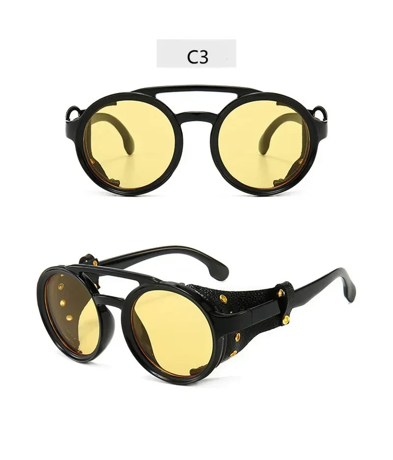 Steampunk Shields Sunglasses Men Women Classic SunGlasses With Side Leather Round Eyewear Pink UV400 Lens