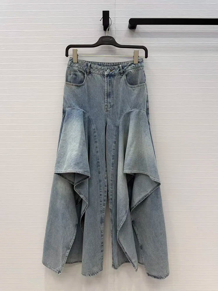 Irregular ruffled denim flared pants for women - high-waisted, loose-fitting, slimming, floor-length pants. 2026 new style.