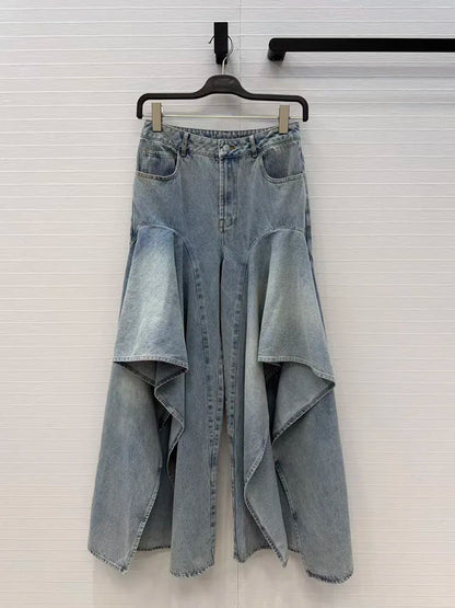 Irregular ruffled denim flared pants for women - high-waisted, loose-fitting, slimming, floor-length pants. 2026 new style.