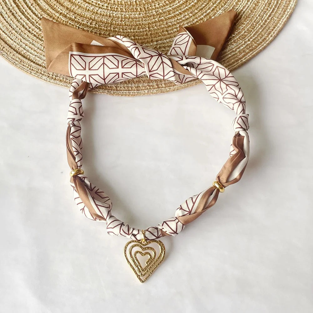Women’s Fashion Scarf Necklace with Large Stainless Steel Heart Pendant Stackable Bandana Jewelry
