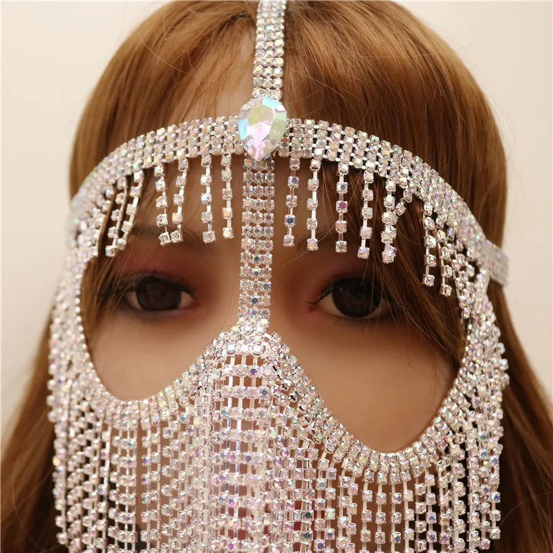Charms Sexy Rhinestone Tassel Masquerade Face Jewelry For Women Facial Accessories Banquet Party Mask Full Face Chain Decoration