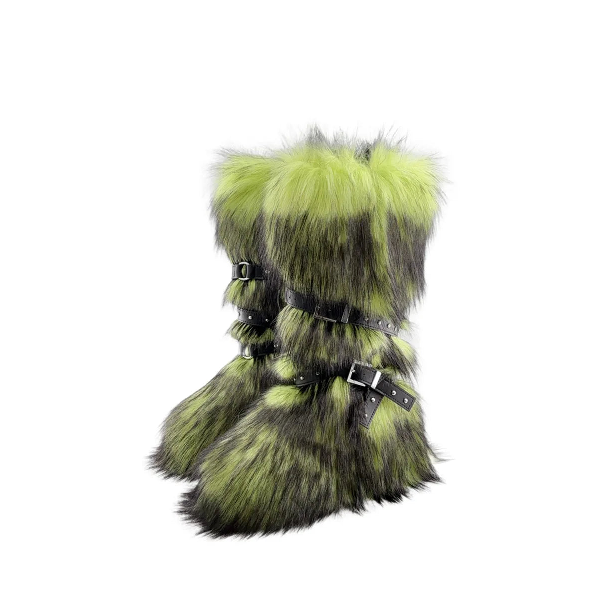 Faux Fur Knee-High Boot Round Toe Height Increasing Wild Winter Warmer Belt Buckle Slip-On Fashion Luxury Sexy Women Shoe Newest