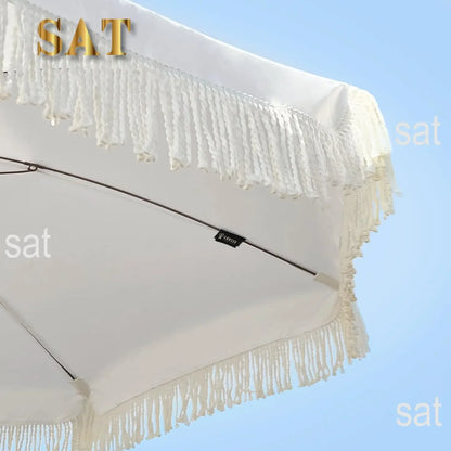 #For 7ft Patio Umbrella with Fringe Outdoor Tassel Umbrella UPF50+ Premium Steel Pole and Ribs Push Button Tilt,  Gazebo&