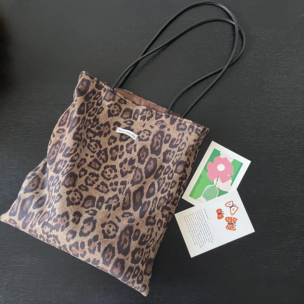 Vintage Faux Suede Women's Leopard Shoulder Bags PU Strap Double Side Female Purse Handbags Fall Winte Canvas Tote Underarm Bag