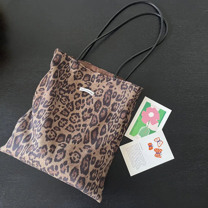 Vintage Faux Suede Women's Leopard Shoulder Bags PU Strap Double Side Female Purse Handbags Fall Winte Canvas Tote Underarm Bag