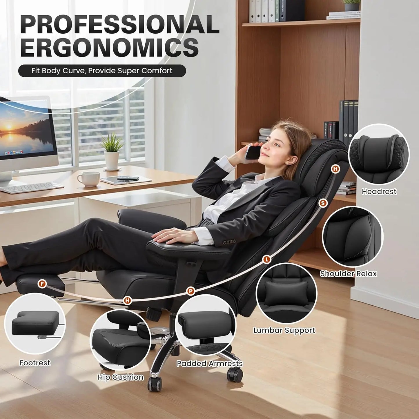 Office Desk Chair, Big and Tall Leather Gaming Chair with Footrest, Wide Ergonomic Comfy Executive High-Back, Customized