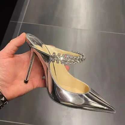 2025 New Fashionable Fine Heeled Muller Shoes with Pointed Water Diamond Chain Banquet Shallow Mouth Women's High Heel Sandals