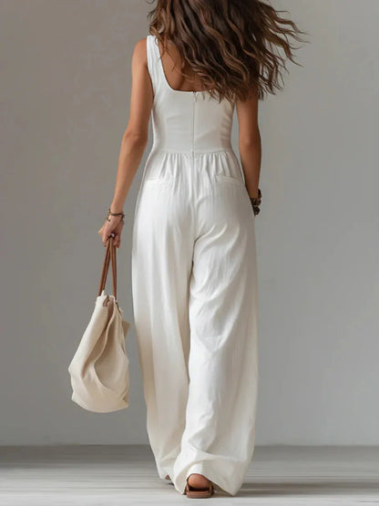 Casual New Solid Women's Jumpsuit Fashion Sexy V Neck Button Front Boho Rompers Summer Sleeveless Pocket Wide Leg Overalls
