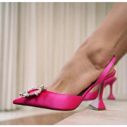 Brand Women Pumps Luxury Crystal Slingback High Heels Summer Bride Shoes Comfortable Triangle Heeled Party Wedding Shoes