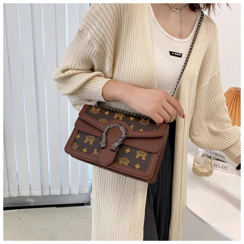 Fashion Printed Chain Shoulder Bag for Women, Trendy Small Square Crossbody, Travel Shopping Gift for Girlfriend