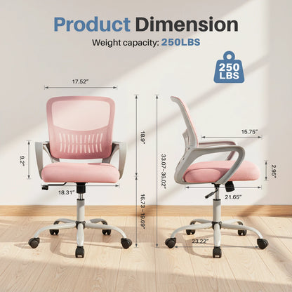MCQ Fixed Armrest Office Desk Chair Ergonomic Mid Back with Lumbar Support Height Adjustable 360° Swivel Computer Gaming Chair