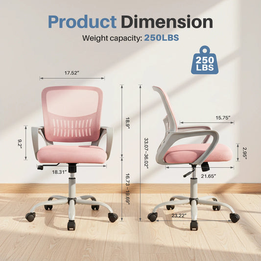 MCQ Fixed Armrest Office Desk Chair Ergonomic Mid Back with Lumbar Support Height Adjustable 360° Swivel Computer Gaming Chair