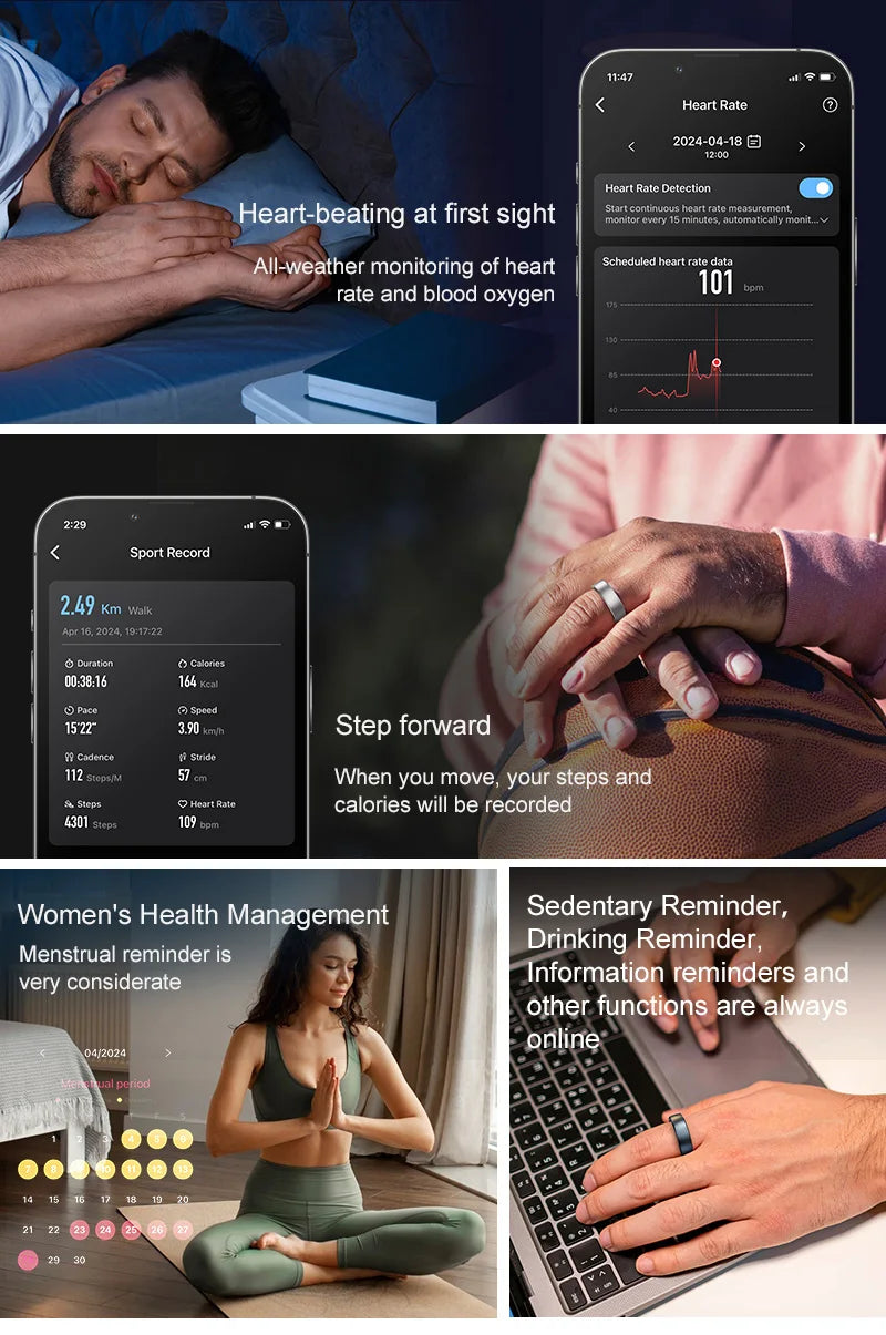 Uhoofit R10 Smart Ring with Charging Case Men Women Health Heart Rate Sleep Monitor IP68 & 5ATM Waterproof Multi-sport Mode
