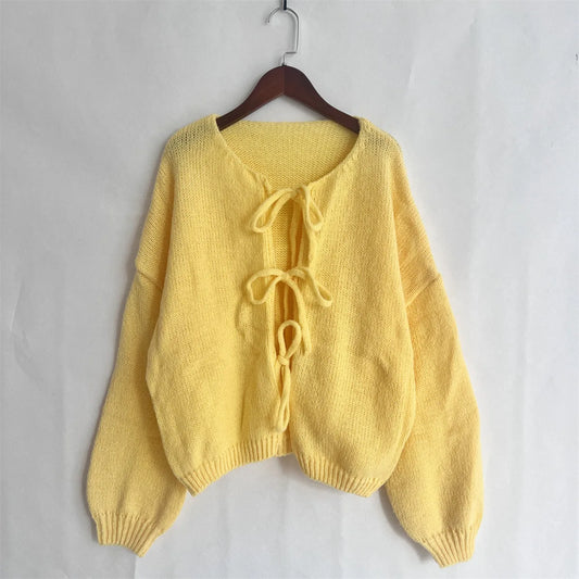 Bow Tie Front Cardigan for Women Long Sleeve Knitted Jacket Sweater Autumn Winter Knitwear Teen-girl Y2K Cute Outfit