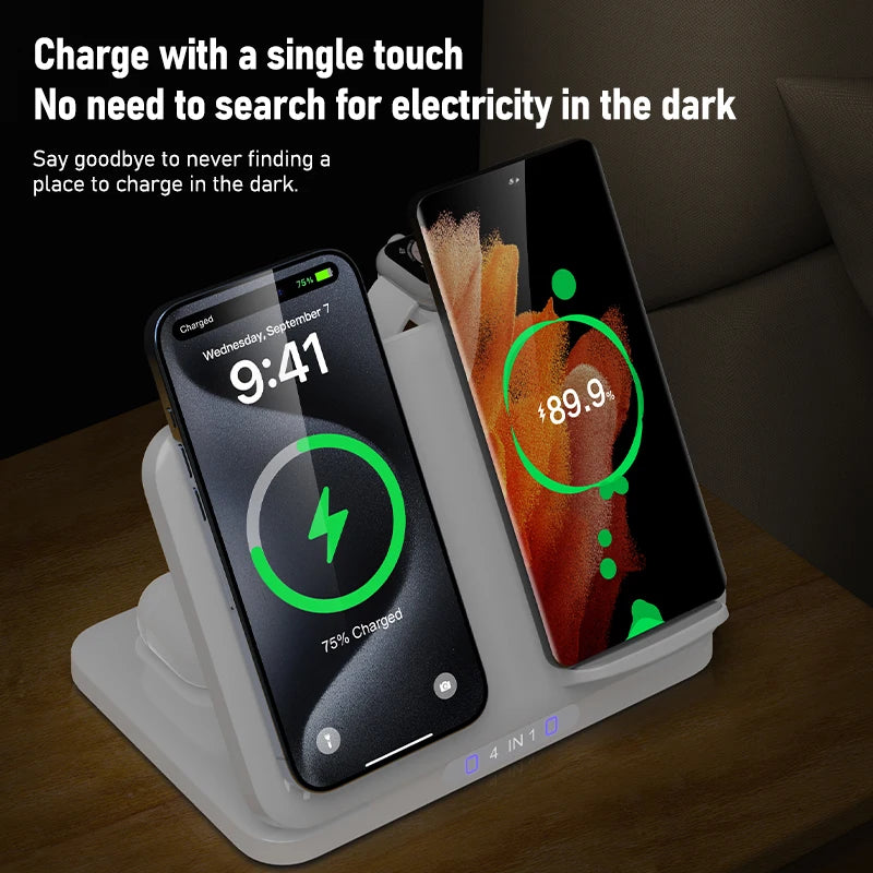 4 in 1 Dual Phone Wireless Charger Stand Magnetic Fast Charging For iPhone 17~12 Samsung S25 Xiaomi Airpods Pro Apple Watch 11~2