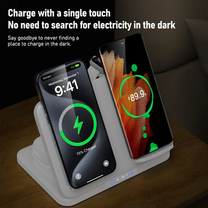 4 in 1 Dual Phone Wireless Charger Stand Magnetic Fast Charging For iPhone 17~12 Samsung S25 Xiaomi Airpods Pro Apple Watch 11~2